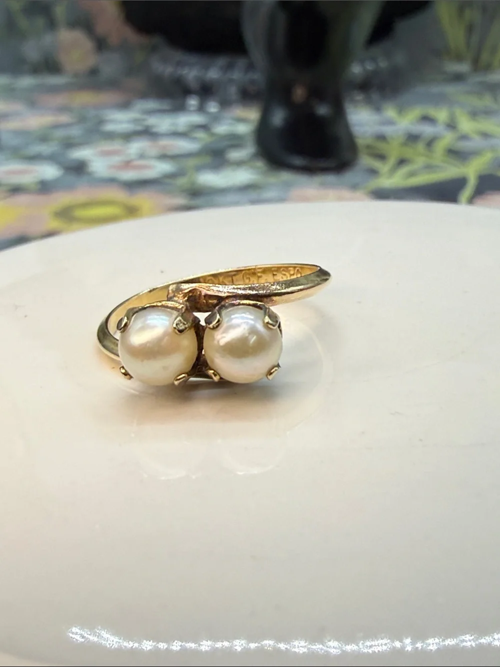 👑Vintage ESPO 10K Gold Filled Toi et Moi Bypass Pearl Ring Sz 8